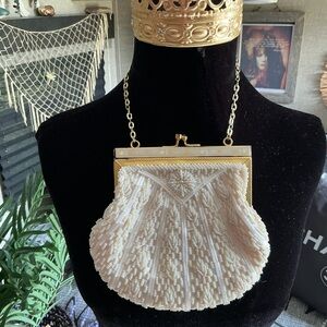 Elegant White Beaded Evening Bag with Gold Frame